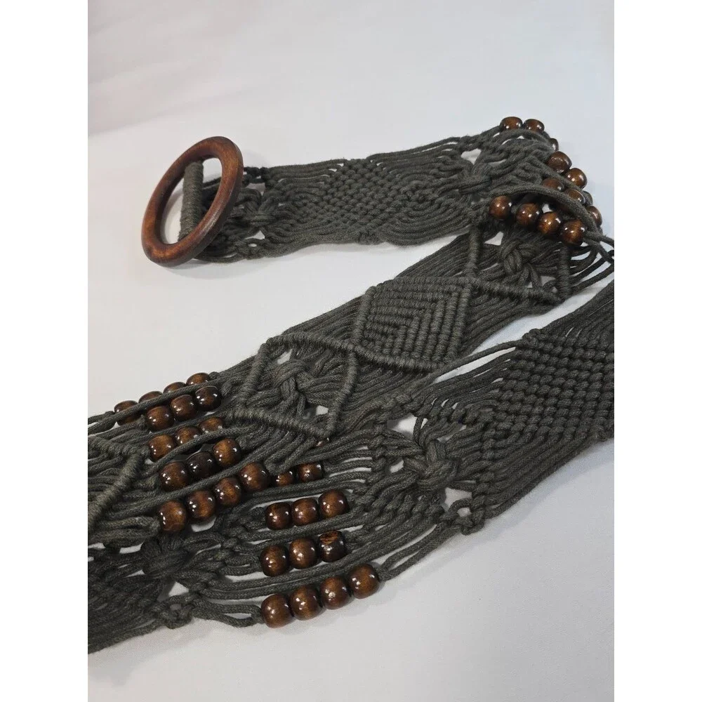 Women's Boho Macrame Rope Belt Brown with Wood Beads & Buckle Y2K